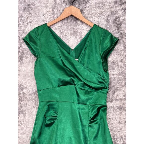 Stop Staring! Dress Medium Womens Green Satin Pinup Sheath Pencil - Picture 2 of 8